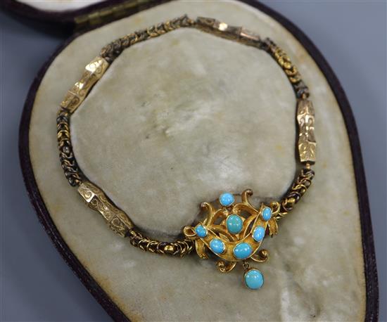 A cased Victorian yellow metal and turquoise pendant, (now converted to a bracelet) and one similar earring.